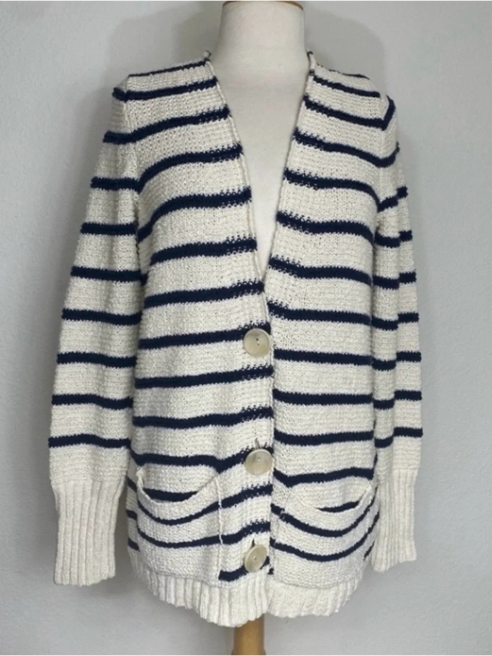 Free People Womens Cream Navy Stripe Cotton Coastal Thick Knit Cardigan Size L